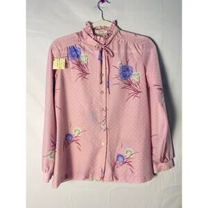 Vintage 70s Alfred Dunner Purple Blue Floral Polka Dot Poly Knit Blouse Medium